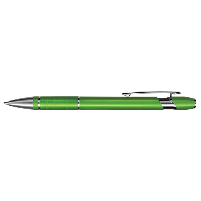 A metal pen in a vibrant green color with silver accents and a textured grip.