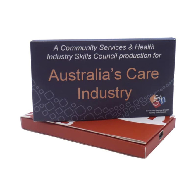 A rectangular promotional product with a dark grey and red design, featuring a logo and text related to Australia's care industry.