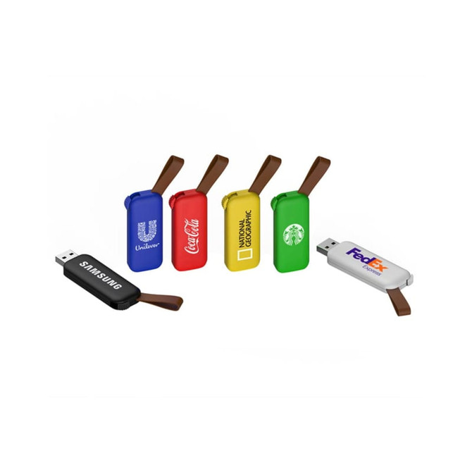 A collection of five flash drives in various colours, including black, blue, red, yellow, and white, each with a logo.