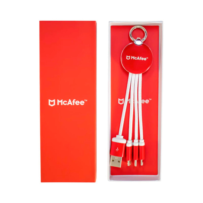 A red gift box containing a keychain and three charging cables in white. The box has a logo on it.