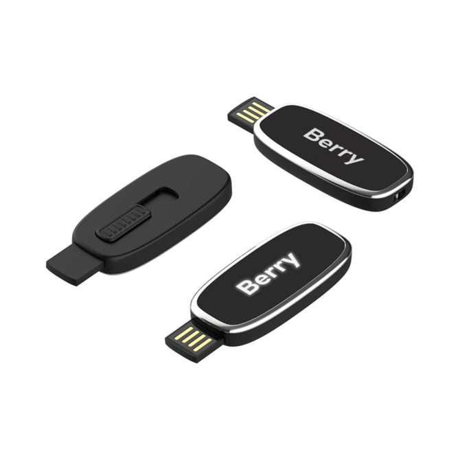 A black Berry LED flash drive with a sleek design, featuring a logo on its surface.
