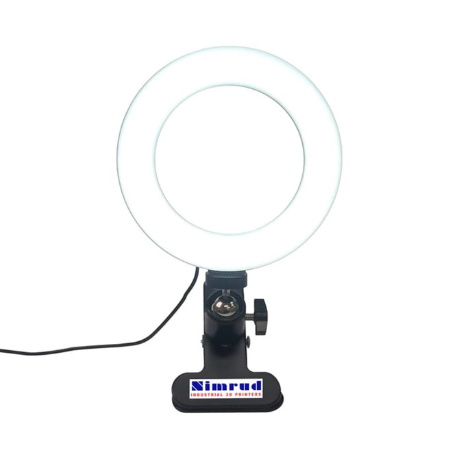 A 6-inch white LED halo light on a black adjustable stand, featuring a logo on the base.