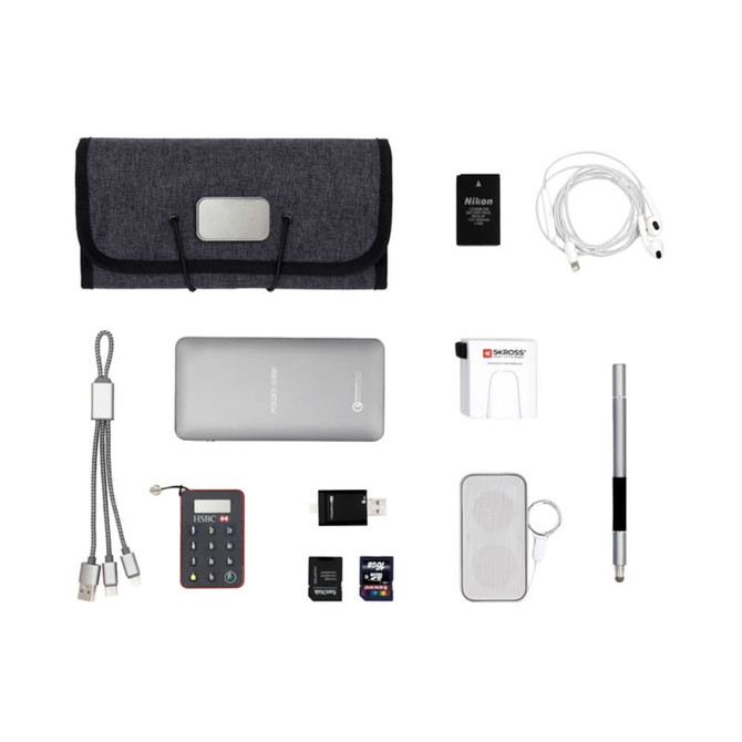 A grey folio accessory roll containing a portable charger, cables, a stylus, SD cards, and a card reader, along with a branding logo.