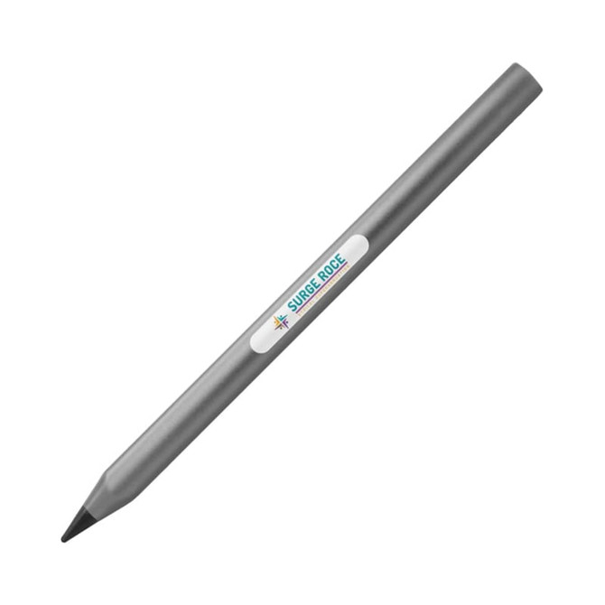 A grey carbon fibre pen with a sleek design and a logo. Ideal for writing and note-taking.