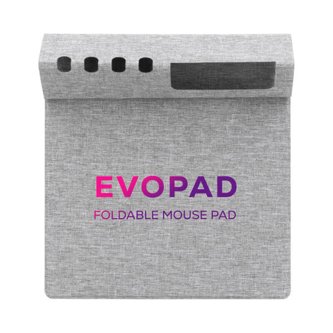 A grey foldable mouse pad with a textured surface and a logo. Features a sleek, modern design suitable for office use.