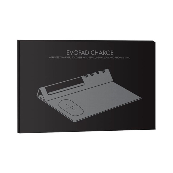 A sleek black mouse pad featuring a wireless charger, foldable design, and integrated phone holder. Includes a logo.