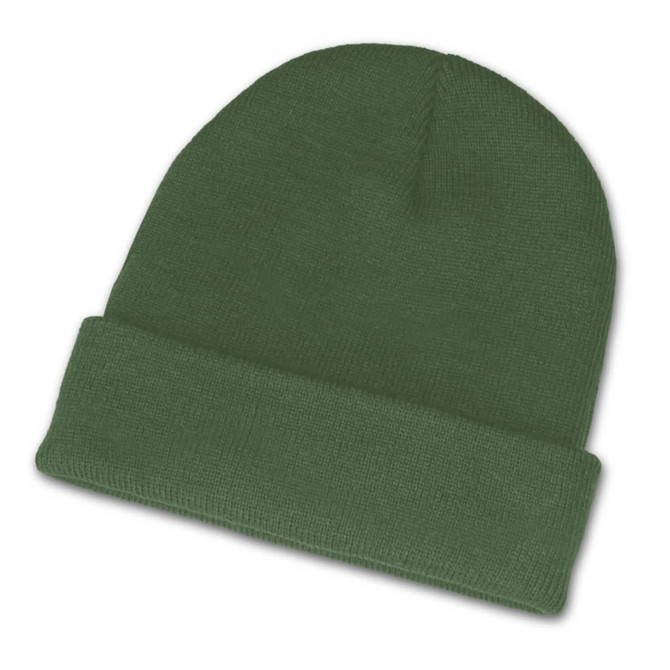 A green beanie with a folded cuff.