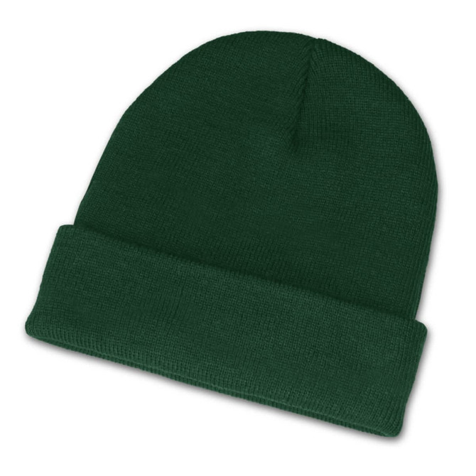 A green beanie with a folded cuff, designed for warmth and style.