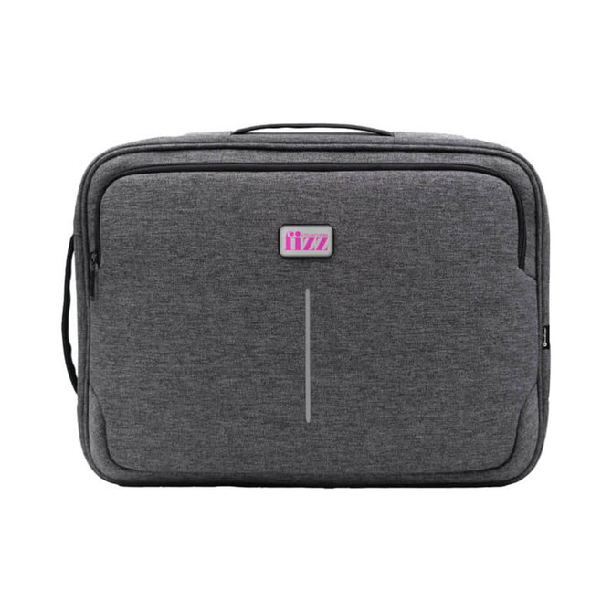 A grey laptop bag featuring a front pocket, a handle, and a branding logo.