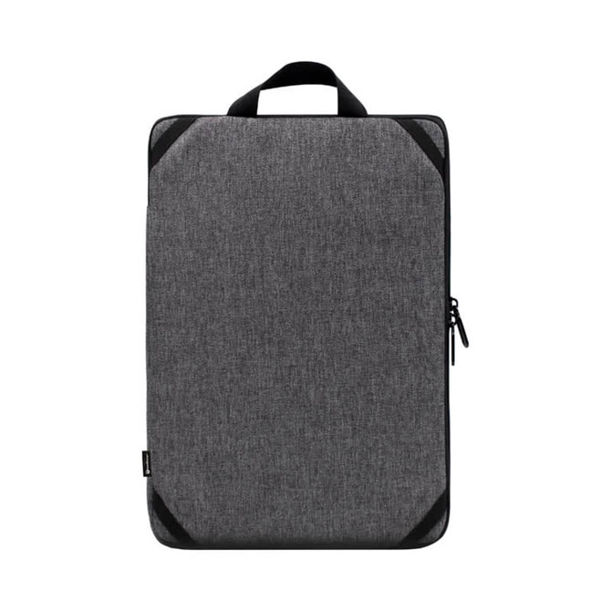A grey laptop sling bag with a handle and black accents, featuring a zip closure and a logo.