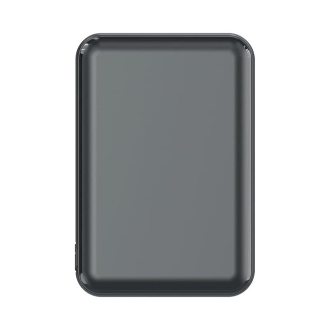 A rectangular grey power bank with rounded edges and a sleek design. It features a branding logo.