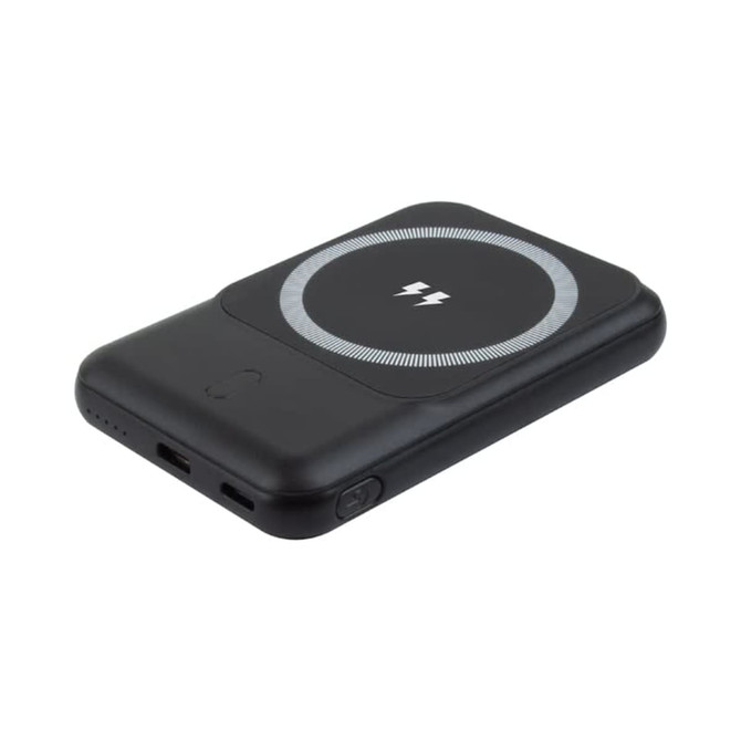 A black power bank with a circular design and lightning symbol, featuring USB-C and a port for charging.