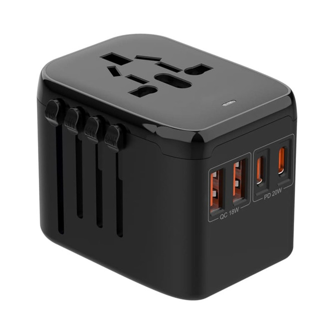 A black travel adaptor featuring multiple ports, including USB options, with a sleek, compact design.