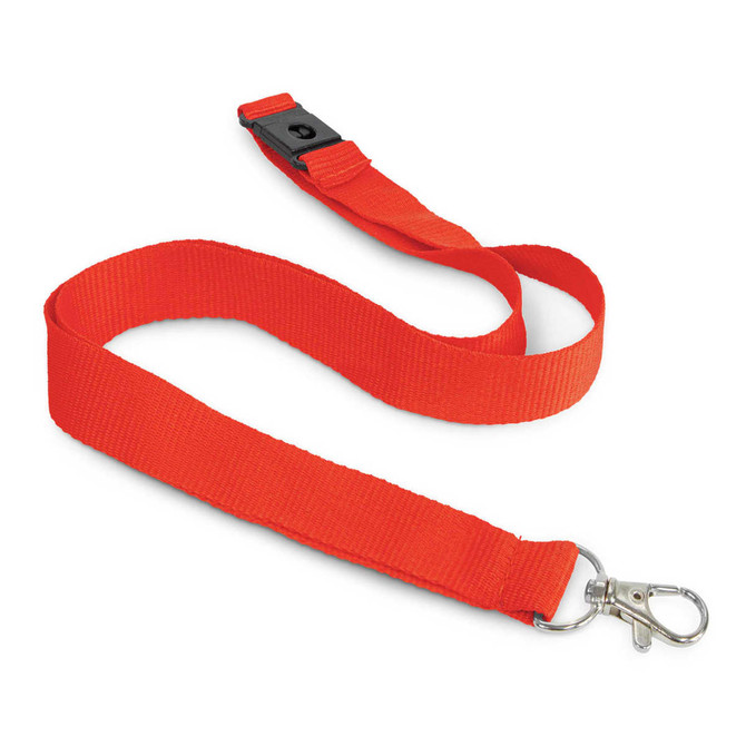 A red cotton lanyard with a metal clip and a plastic safety breakaway feature. It has a logo.