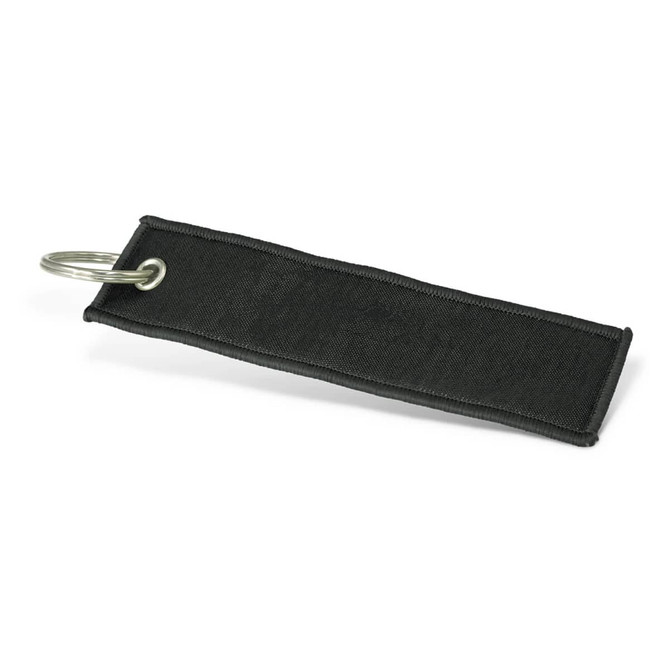 A black woven key ring with a metal ring attached for securing keys.