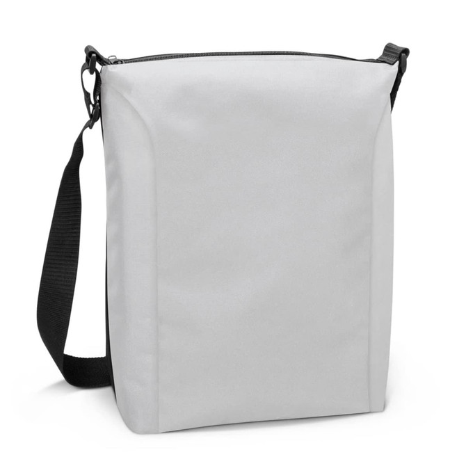 A cooler bag in grey with a black adjustable strap and zip closure, featuring a logo on the front.