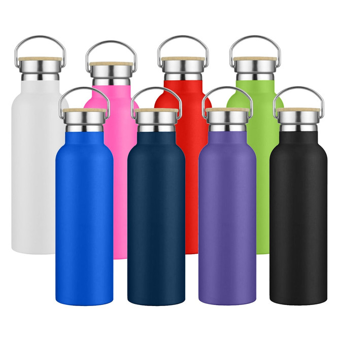 A drink bottle collection featuring various colours, including white, pink, red, green, blue, purple, and black, with metal caps.