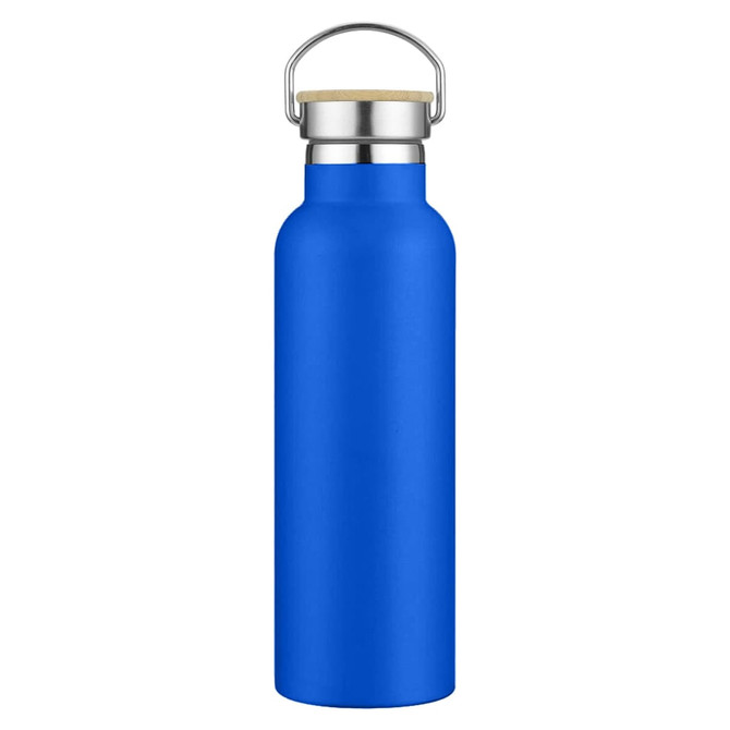 A drink bottle in a vibrant blue colour, featuring a stainless steel top and a wooden accent.