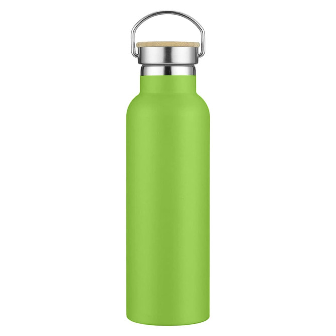 A drink bottle in vibrant green with a stainless steel lid and a wooden accent. It features a logo on the body.
