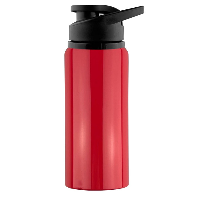 A drink bottle in bright red, featuring a black flip-top lid and a sleek design, includes a logo.