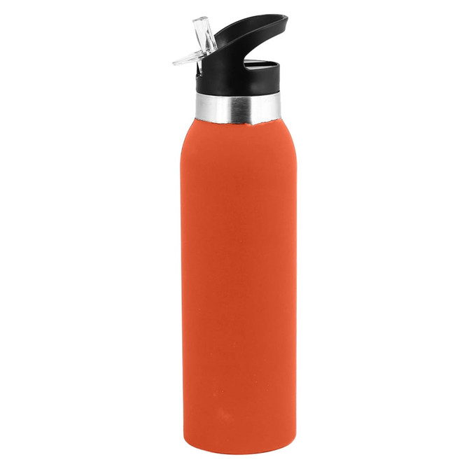 A drink bottle in orange silicone with a black spout and silver detailing, featuring a logo.