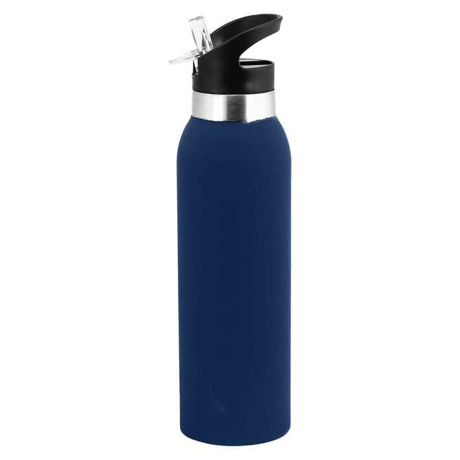 A drink bottle in navy blue with a silver band and a black flip-top lid. It features a logo.