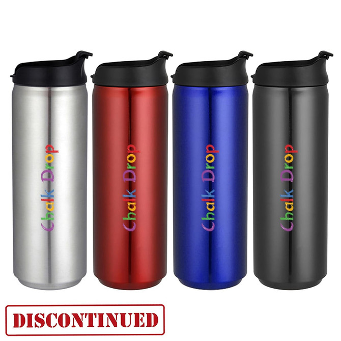 A drink bottle collection in silver, red, blue, and black, each featuring a logo and a black lid.