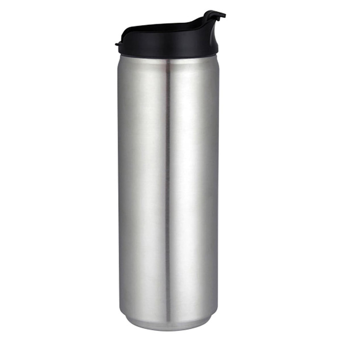 A drink bottle in metallic silver with a black lid and a logo on the body.