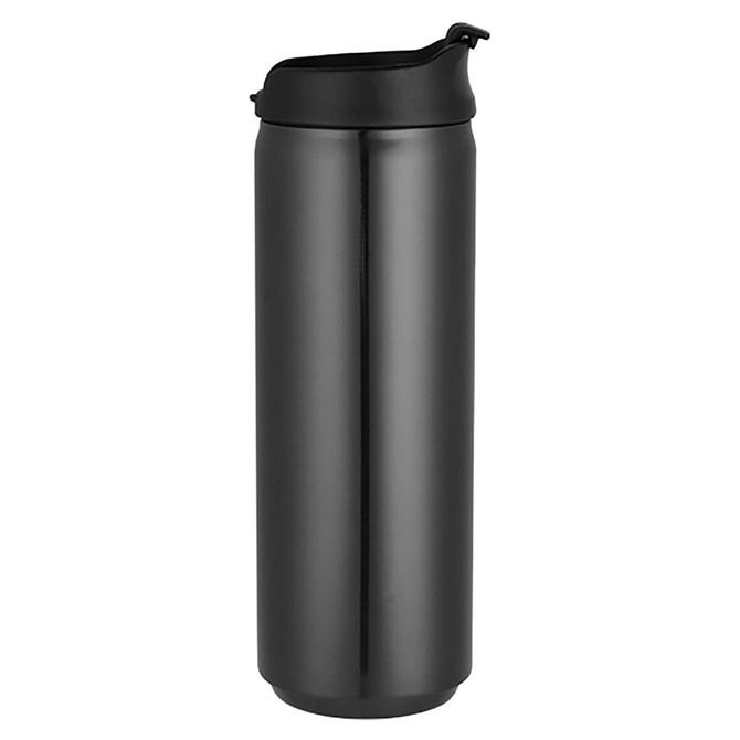 A drink bottle in sleek black with a flip-top lid and a minimalist design, featuring a branding logo.