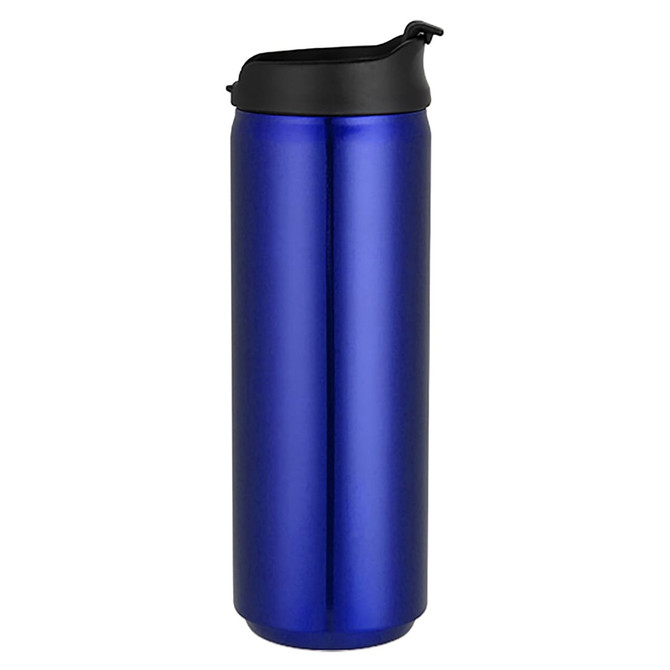 A drink bottle in a sleek blue finish with a black cap and a simple design. It features a logo.