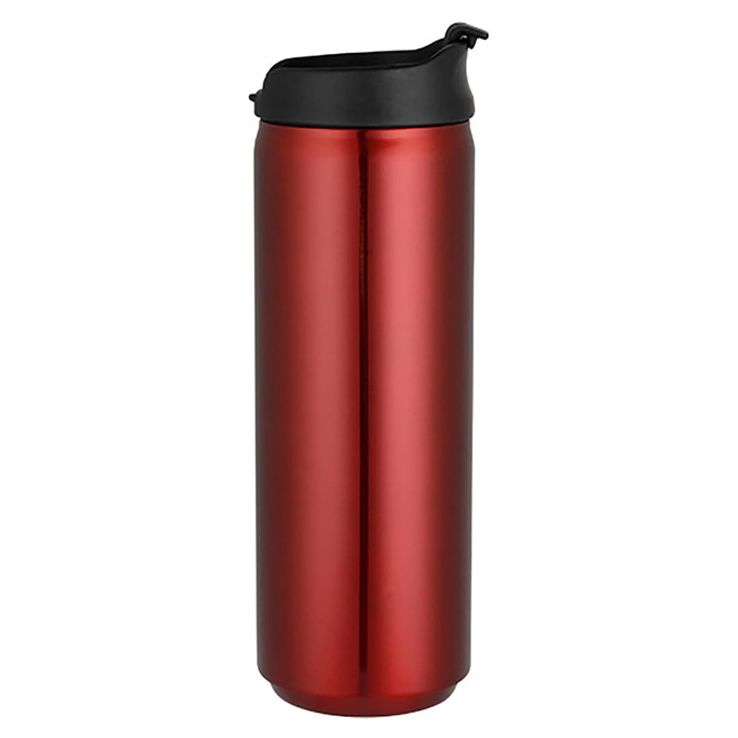 A drink bottle in a sleek red finish with a black lid and a logo. Ideal for beverages on the go.