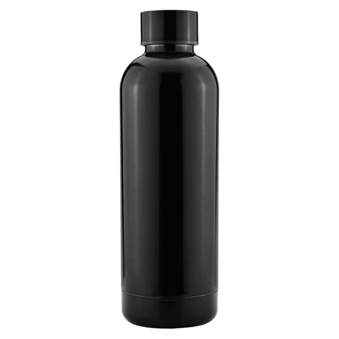 A drink bottle in sleek black, featuring a standard cap and a smooth, shiny finish. It includes a logo.