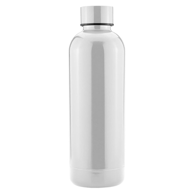 A drink bottle in sleek white with a stainless steel cap and a smooth, reflective finish. It features a logo.