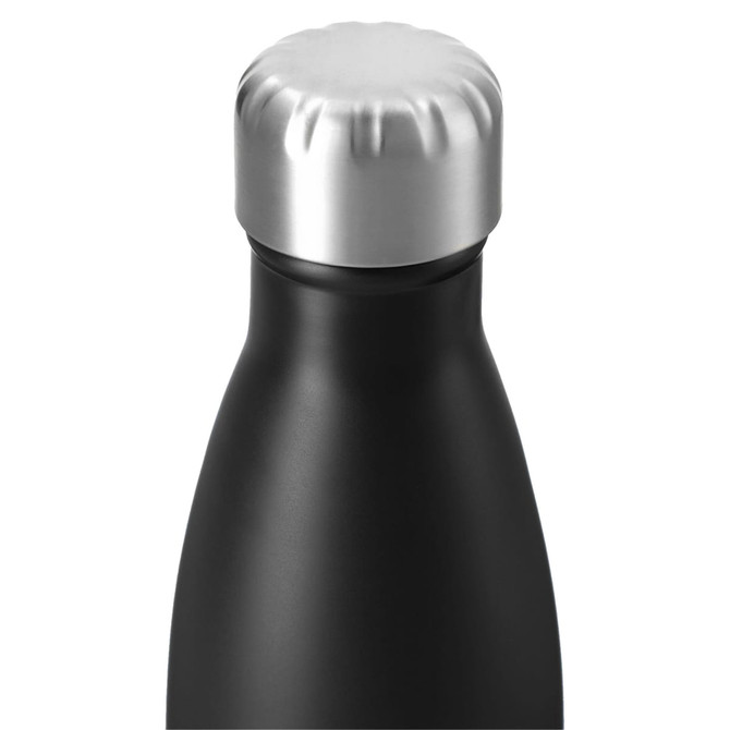 A drink bottle with a matte black finish and a metallic silver screw-top lid. It features a brand logo.