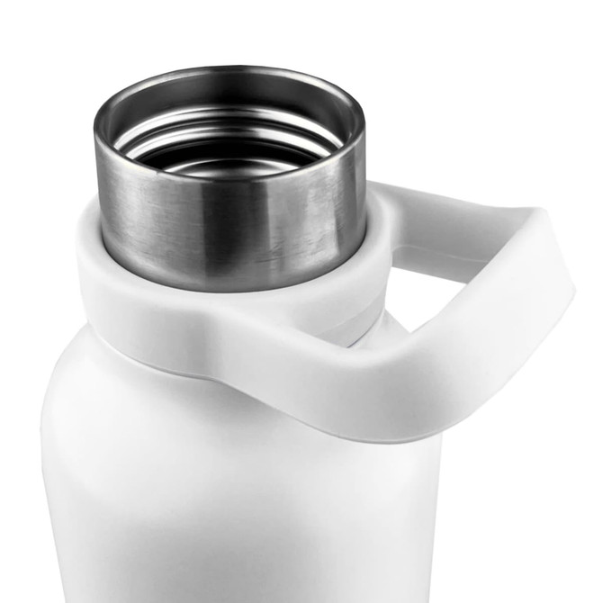 A drink bottle with a white exterior and stainless steel opening, featuring a sturdy handle.