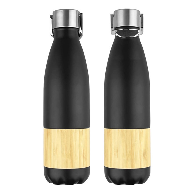 A drink bottle in black stainless steel with a bamboo accent, featuring a silver lid and logo.