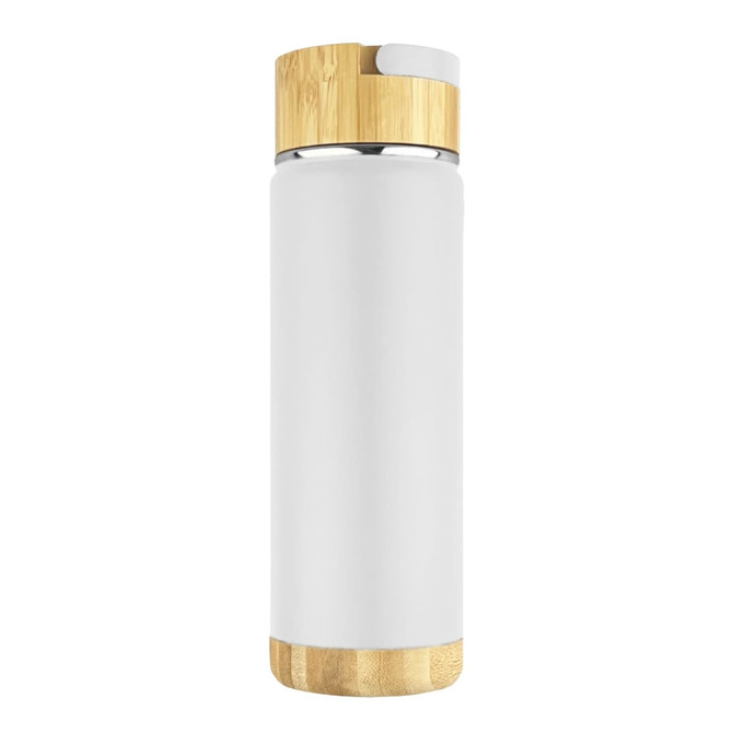 A drink bottle with a sleek white body and a bamboo lid, featuring a logo on the design.