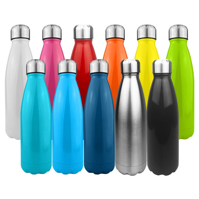 A drink bottle collection featuring shiny stainless steel and colourful single-wall designs, including blue, pink, red, and yellow.