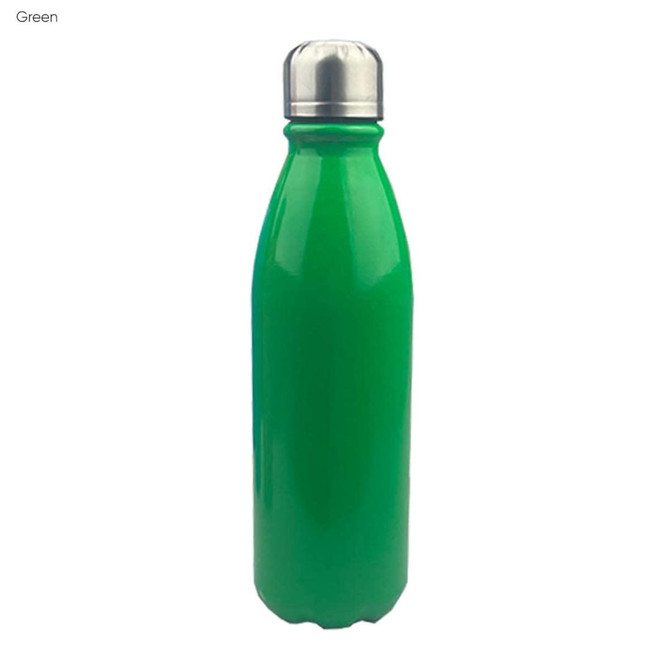 A green aluminium drink bottle with a shiny silver lid, featuring a logo on the side.
