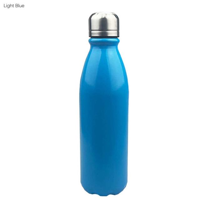 A drink bottle in light blue with a shiny aluminium finish and a stainless steel cap. It features a logo.