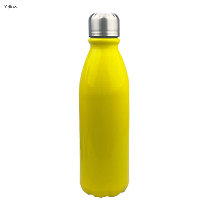 A yellow aluminium drink bottle with a silver cap and a sleek, glossy finish. Features a logo on the side.