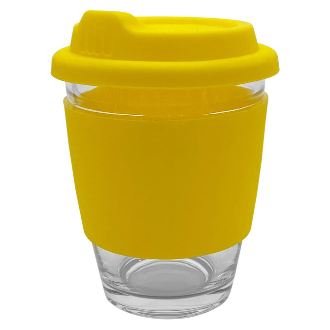 A reusable coffee cup made of glass with a bright yellow silicone lid and sleeve. Features a logo.