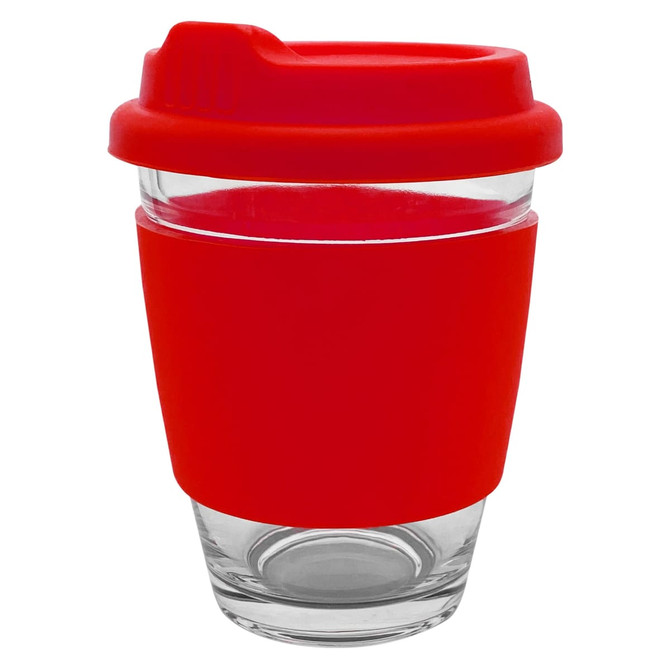 A glass coffee cup with a red silicone sleeve and lid. It features a clear glass design and a logo on the sleeve.