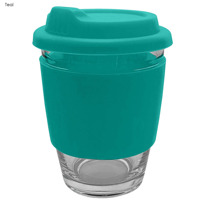 A reusable coffee cup in teal with a silicone sleeve and lid, featuring a clear glass base and a logo.