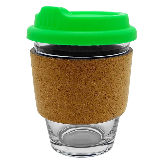 A glass coffee cup with a cork sleeve and a bright green lid. It features a branding logo.