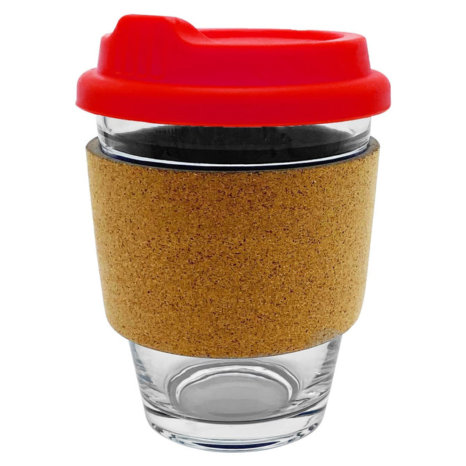 A glass coffee cup with a cork sleeve and a red lid. It features a logo on the side.