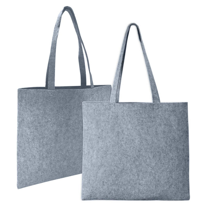 A grey tote bag made from felt, featuring two sturdy handles and a simple design. It has a logo on one side.