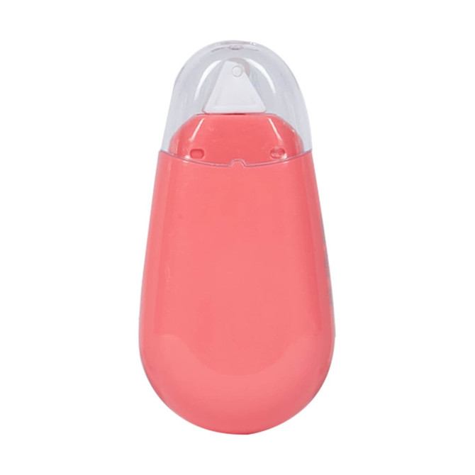 A pink glue tape dispenser with a transparent cap, featuring a rounded shape. It includes a branding logo.