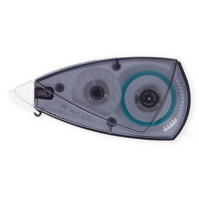 A glue tape dispenser in grey and transparent casing with a reel mechanism and a small blade for cutting.