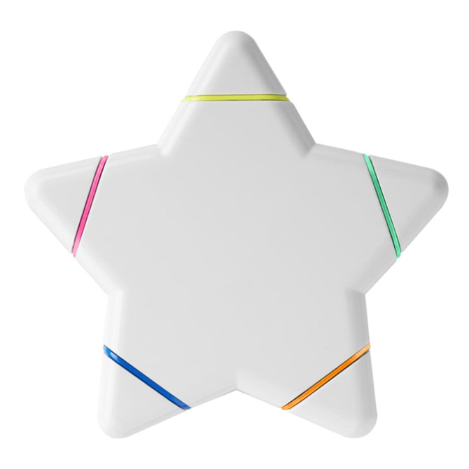 A star-shaped highlighter in white, featuring coloured bands in pink, yellow, blue, and green. It has a logo.